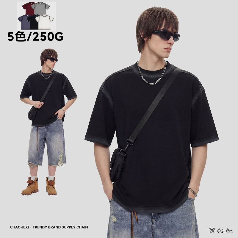 【OEM】メンズ ヴィンテージ風ウォッシュ加工 250g 半袖Tシャツ ユニセックス オーバーサイズ★全5色