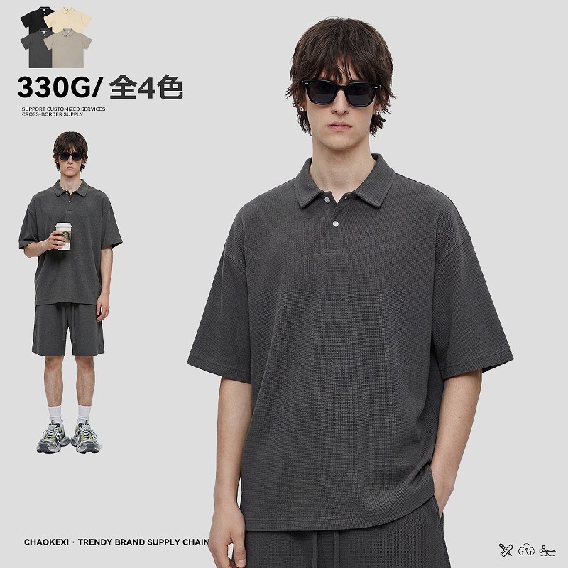 【OEM】メンズ ワッフル素材 ポロシャツ 半袖 330g プルオーバー ゆったり 通気性 ロゴオーダー可★全4色