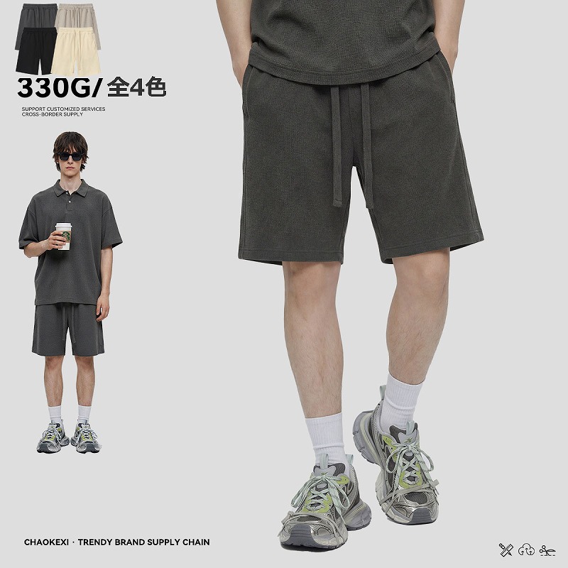 【OEM】メンズ ワッフル素材 ショートパンツ 330g アウトドアトレーニング ロゴオーダー可 通気性★全4色