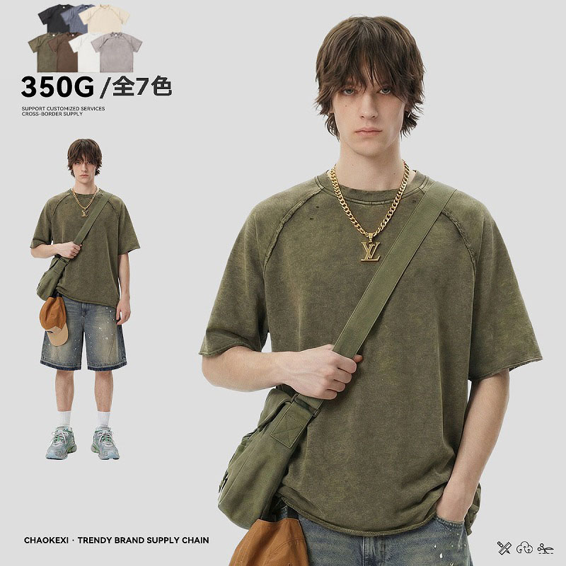 メンズ ヴィンテージ風 ラグランスリーブ 350g 無地 半袖Tシャツ ストリート系トップ ユニセックス★全7色