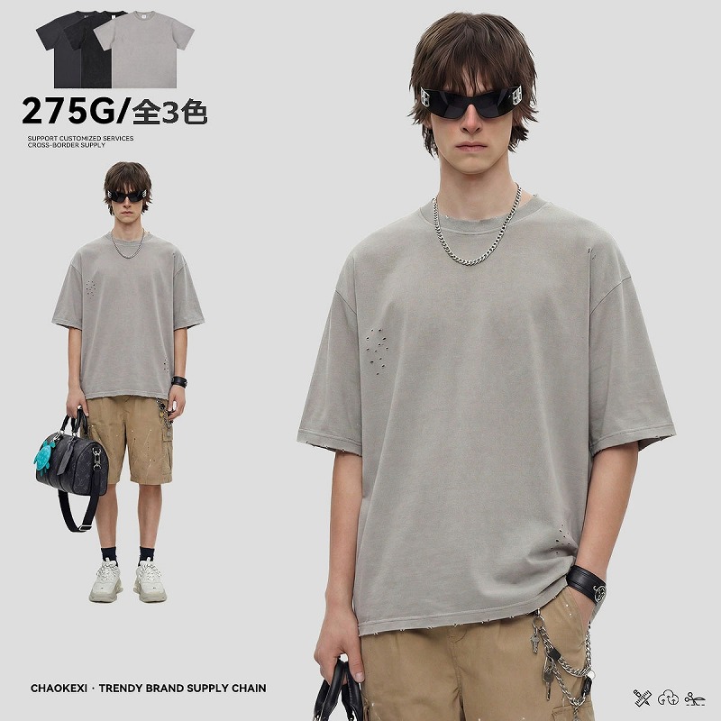 メンズ ストリート 275g ダメージ加工 ウォッシュド ヴィンテージ風 半袖Tシャツ トレンドトップ★全3色