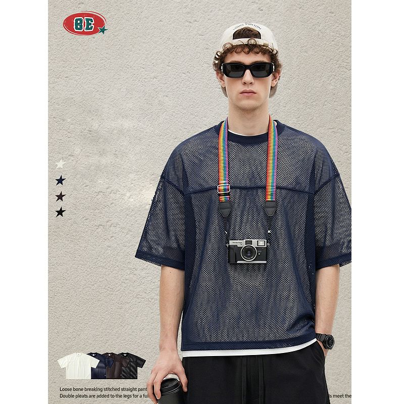 欧米風 無地 ボクシーフィット 半袖 Tシャツ メッシュ重ね着 透かし編み トップス 夏 2026新作★全4色