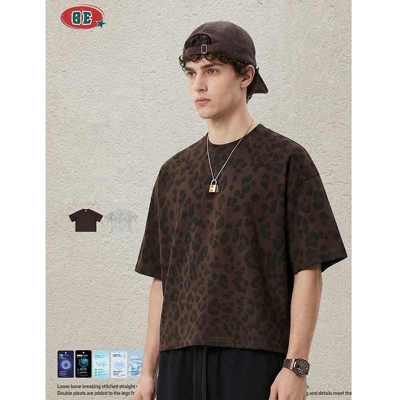 メンズ レオパード柄 ボクシーフィット 半袖 Tシャツ ゆったり カジュアル トップス 夏 2026新作★全2色