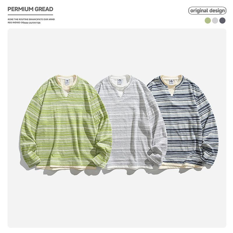 メンズ 偽二枚二重 ボーダー柄 長袖 Tシャツ 男女専用 カジュアル トップス 春夏 2026新作★全3色