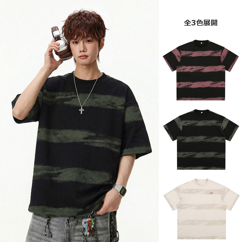 メンズ 新作 ボーダー柄半袖Tシャツ ラウンドネック ストリート系 トップス ユニセックス★全3色