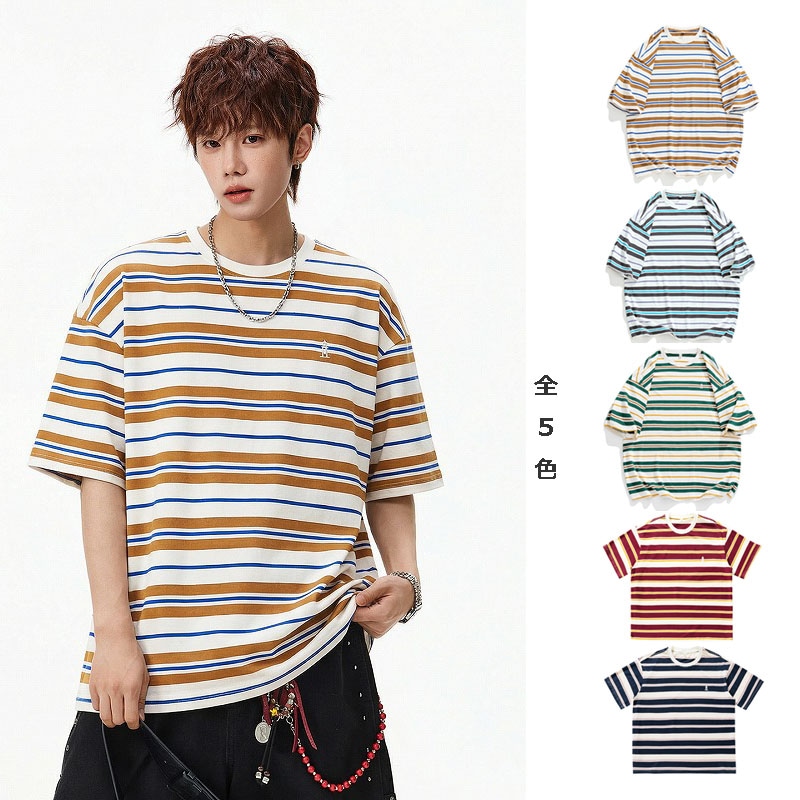メンズ 春夏新作 レトロ配色ボーダー半袖Tシャツ カップル対応 ゆったり 切替 カジュアルトップス★全5色