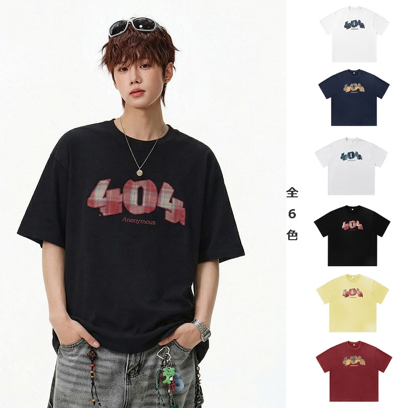 メンズ 夏季 レトロ数字チェック柄プリント半袖Tシャツ ゆったり カップル対応 ストリートトップス★全6色