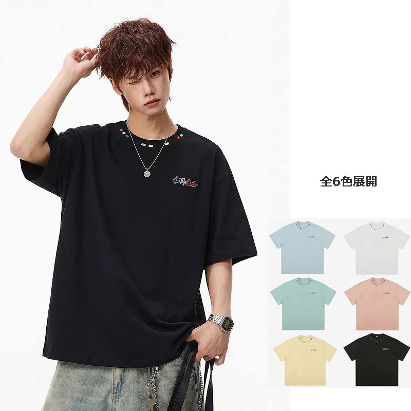 メンズ 夏季 配色ネック刺繍入り 半袖Tシャツ ゆったり ストリート カジュアルトップス★全6色