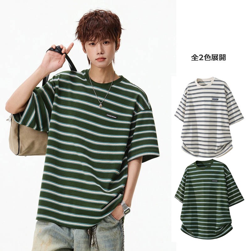 メンズ アメカジレトロ 配色ボーダー 半袖Tシャツ 夏 カジュアル カップル ゆったり 半袖Tシャツ★全2色