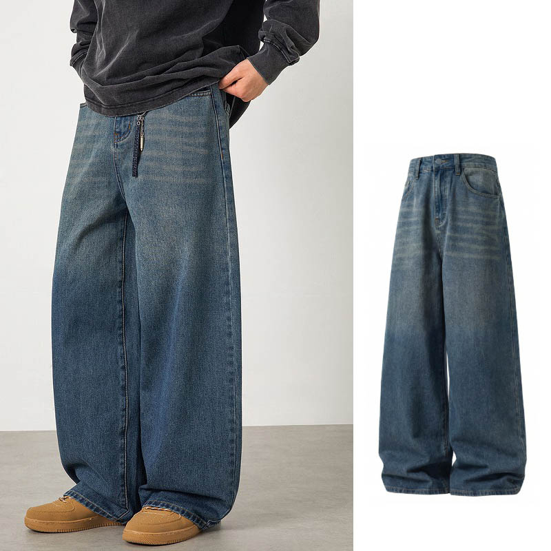 メンズ グラデーション ストレートデニムパンツ 春 ヴィンテージ加工 アメカジ レトロ カジュアル ジーンズ