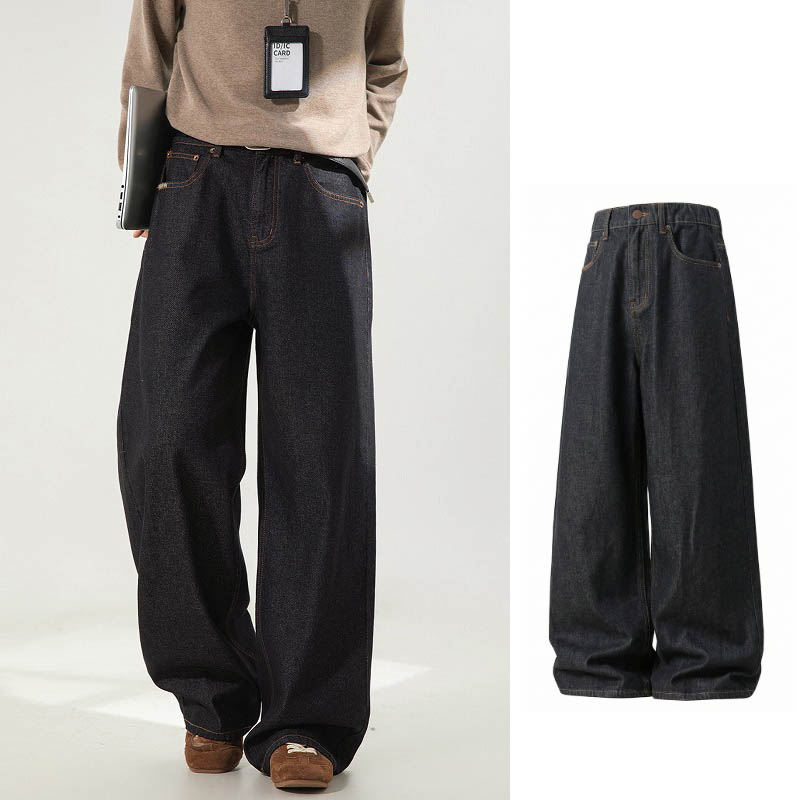 メンズ アメカジレトロ ブラックデニムパンツ 春 ワイド ストレート カジュアル 配色ステッチ ジーンズ
