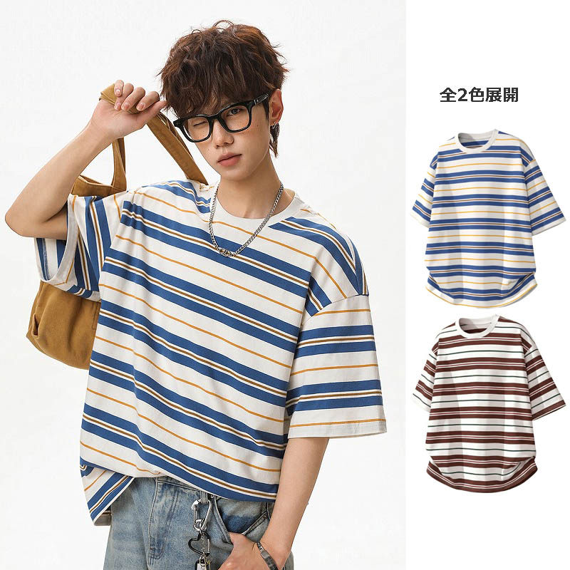 メンズ 配色ボーダー半袖Tシャツ 夏 アメカジ レトロ カップル ゆったり カジュアル ストリート★全2色