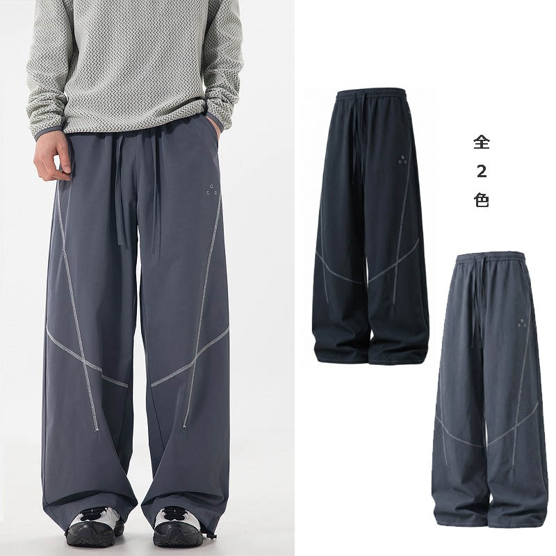 メンズ アウトドア スポーツ カジュアルパンツ ステッチ 裾調節可 ワイド ストレート ロングパンツ★全2色