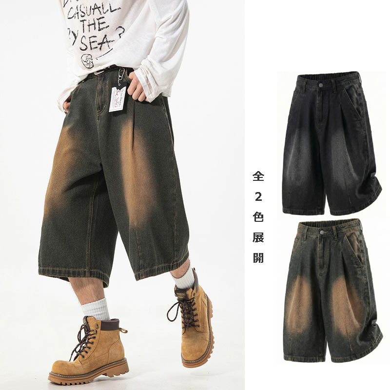 メンズ ストレート七分デニムパンツ 夏 ヴィンテージウォッシュ レトロ ワイド ハーフパンツ★全2色