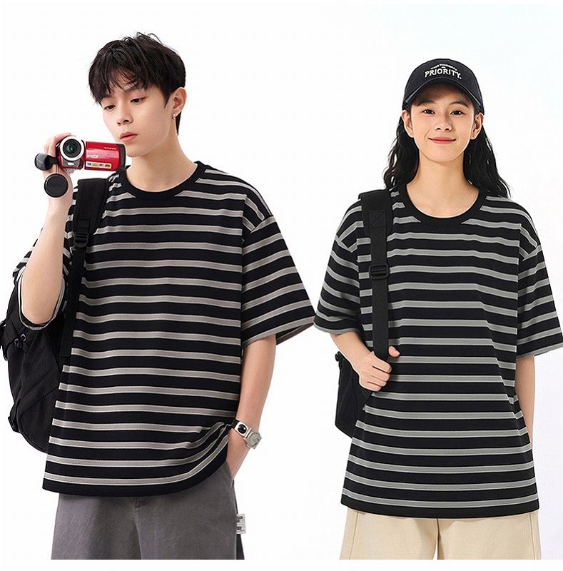 メンズ ボーダー柄 綿製 半袖Tシャツ 男女兼用 カジュアル トップス 春夏 2026新作★全3色