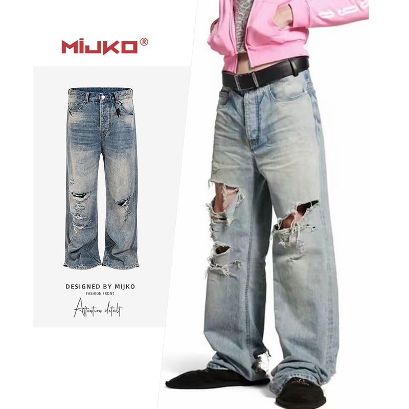 メンズ ダメージ加工 デニム パンツ 男女兼用 ストリート系 ストレート ボトムス 春秋 2026新作★