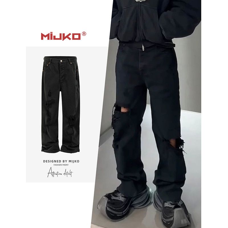 メンズ ダメージ加工 デニム パンツ 男女兼用 ストリート系 ストレート ボトムス 春秋 2026新作★