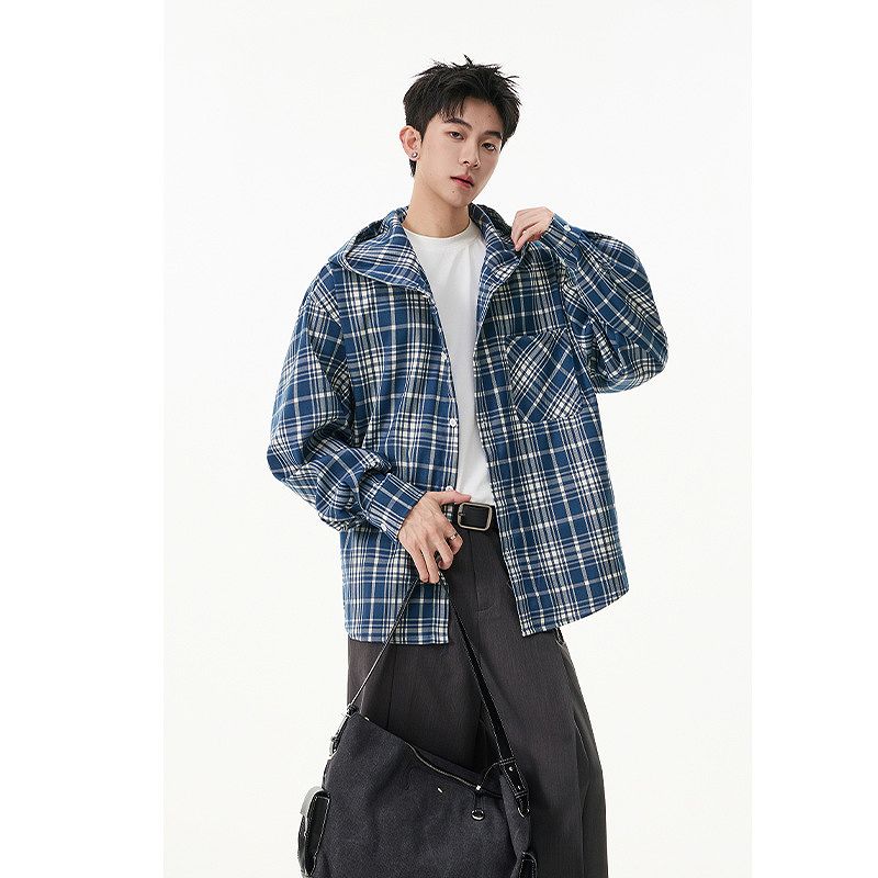 メンズ フード付き チェック柄 長袖 シャツ 男女兼用 ストリート系 トップス  春夏 2026新作★