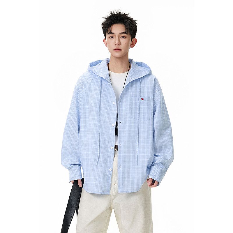 メンズ フード付き チェック柄 長袖 シャツ 男女兼用 カジュアル 刺繍入り トップス  春夏 2026新作★