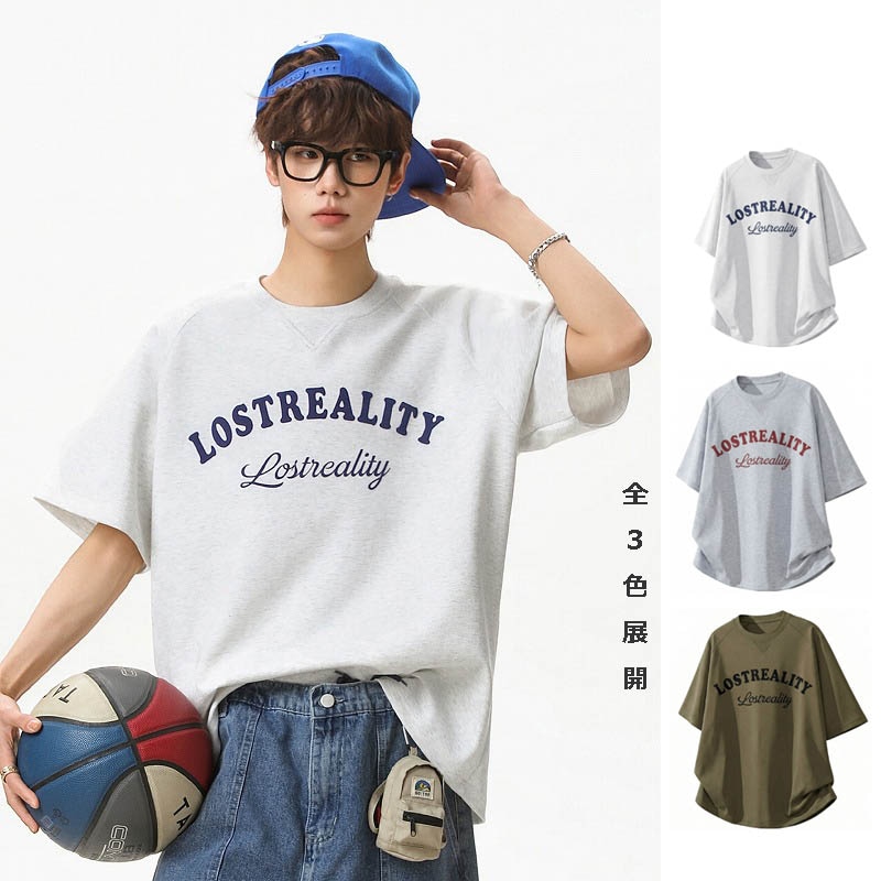 メンズ アメカジレトロ 配色ロゴプリント 半袖Tシャツ 夏 ゆったり ストリート カジュアル トップス★全3色
