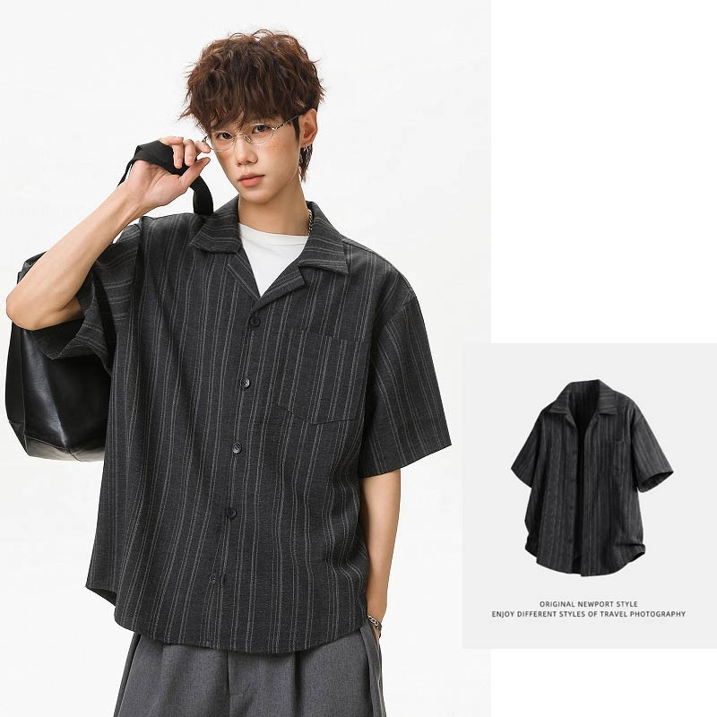 ンズ レトロ オールドマネー風 キューバカラー ストライプ 半袖シャツ 夏 ゆったり カジュアルシャツ★