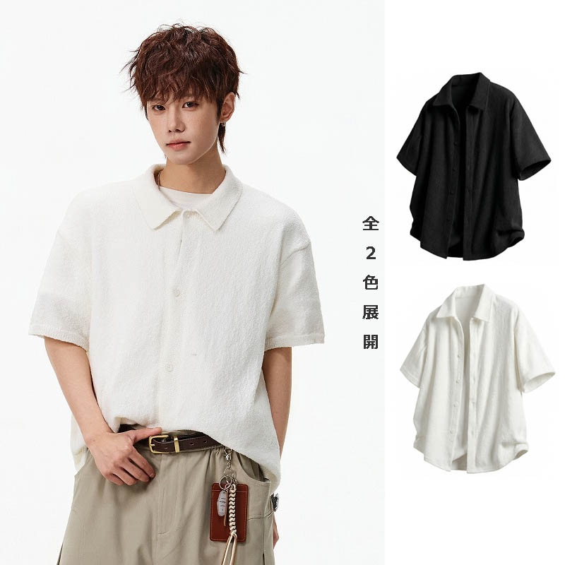メンズ 韓国風 ルーズ ニット 半袖シャツ 夏 薄手 透かし編み 通気性 カジュアル シャツジャケット★