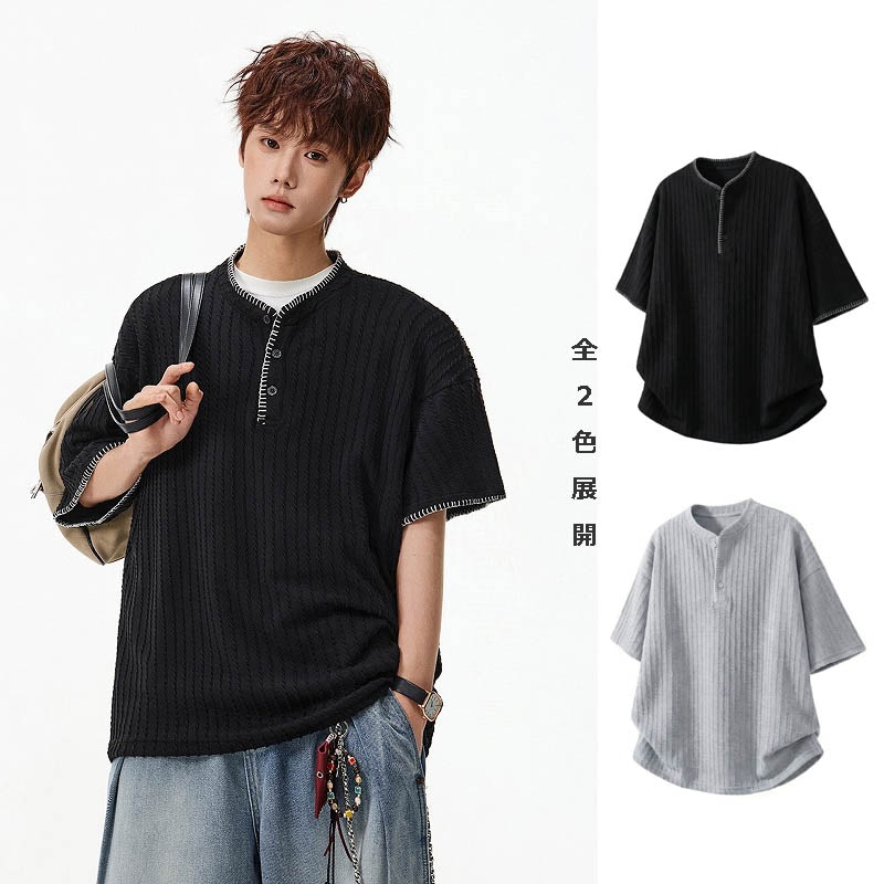 メンズ アメリカンレトロ ヘンリーネック ニット 半袖Tシャツ 薄手 配色ステッチ 通気性 カジュアル★全2色