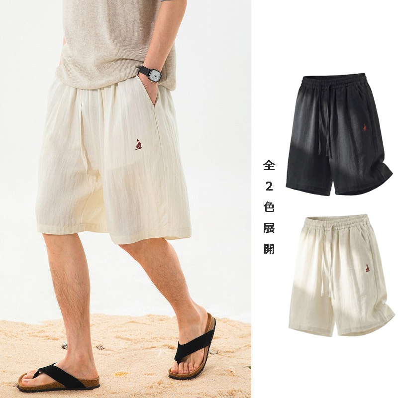 メンズ リネン風 ショートパンツ 夏 接触冷感 通気性 ビーチ ワイド ハーフパンツ リラックスパンツ★全2色