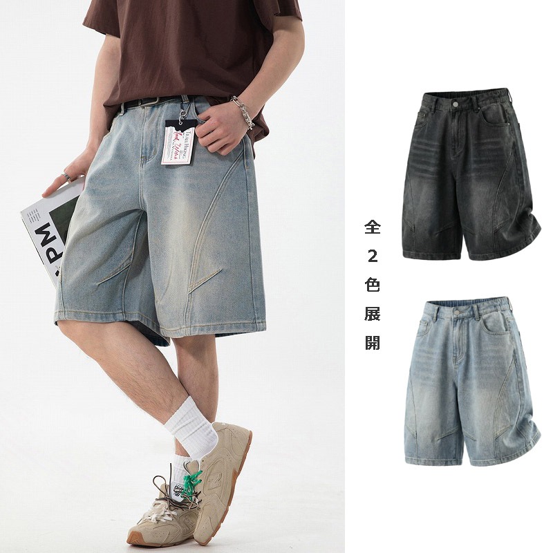 メンズ デニムショートパンツ 春夏 ウォッシュ加工 ヴィンテージ風 ワイド ハーフパンツ カジュアル★全2色