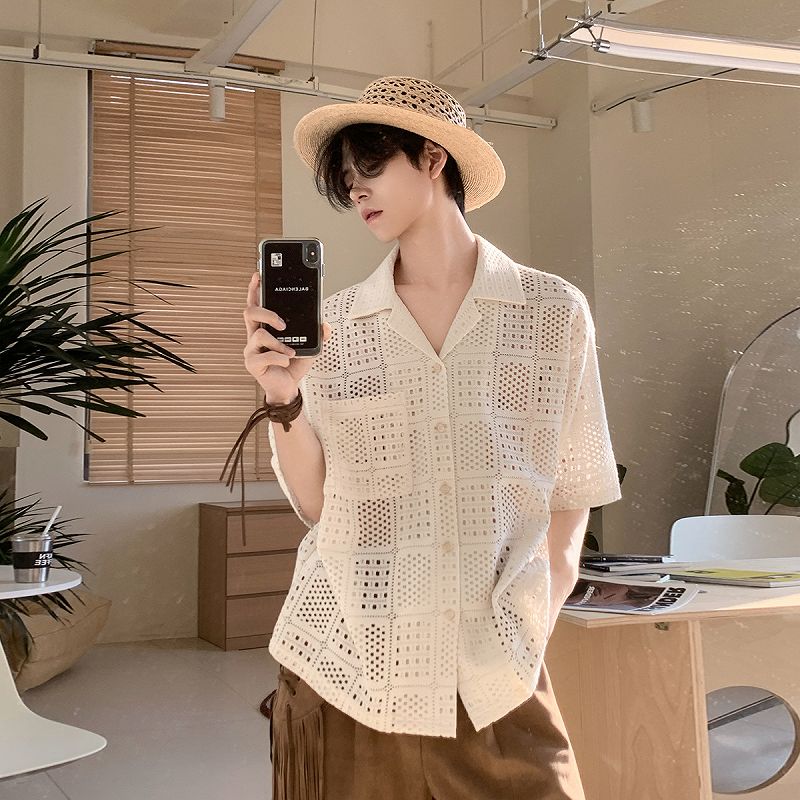 メンズ 透かしデザイン 無地シャツ ルーズシルエット 男女兼用 カジュアル トップス  夏 2026新作★