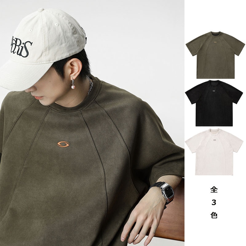 メンズ半袖Tシャツ 夏新作 アメリカンレトロ フェイクスエード調 配色刺繍 カジュアルTシャツ★全3色