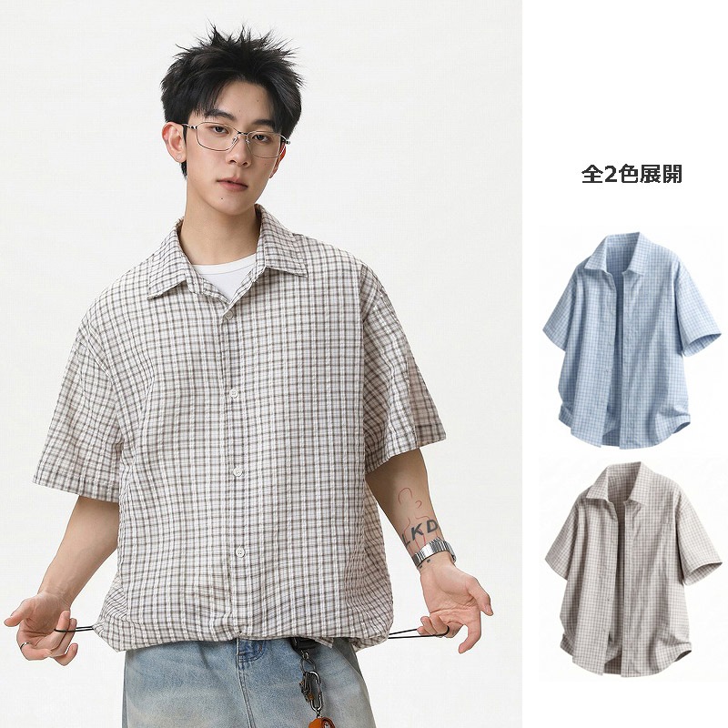 メンズ 配色チェック柄 半袖シャツ 夏新作 裾調節可能 カジュアル ライトアウター シャツジャケット★全3色