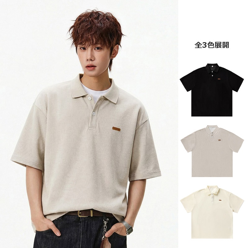 メンズ 立体ストライプジャガード ポロシャツ ワイドシルエット レトロ風 カジュアル半袖Tシャツ★全3色