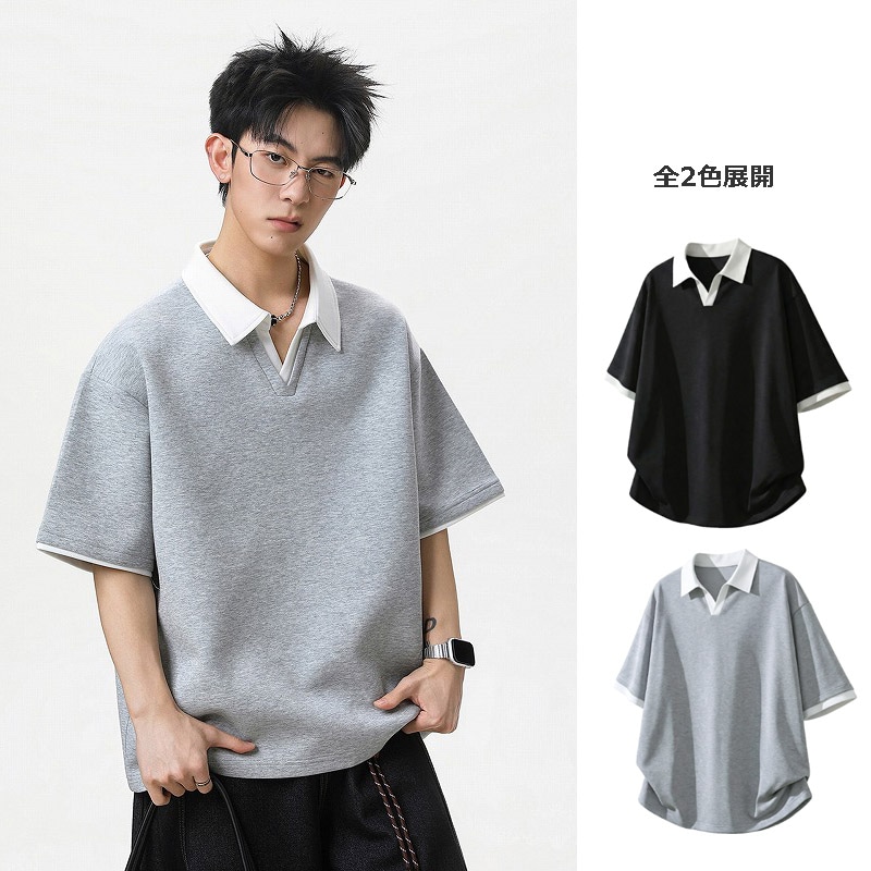 メンズ フェイクレイヤード 配色セーラーカラー 半袖ポロシャツ アメカジ レトロ オールドマネー風★全3色
