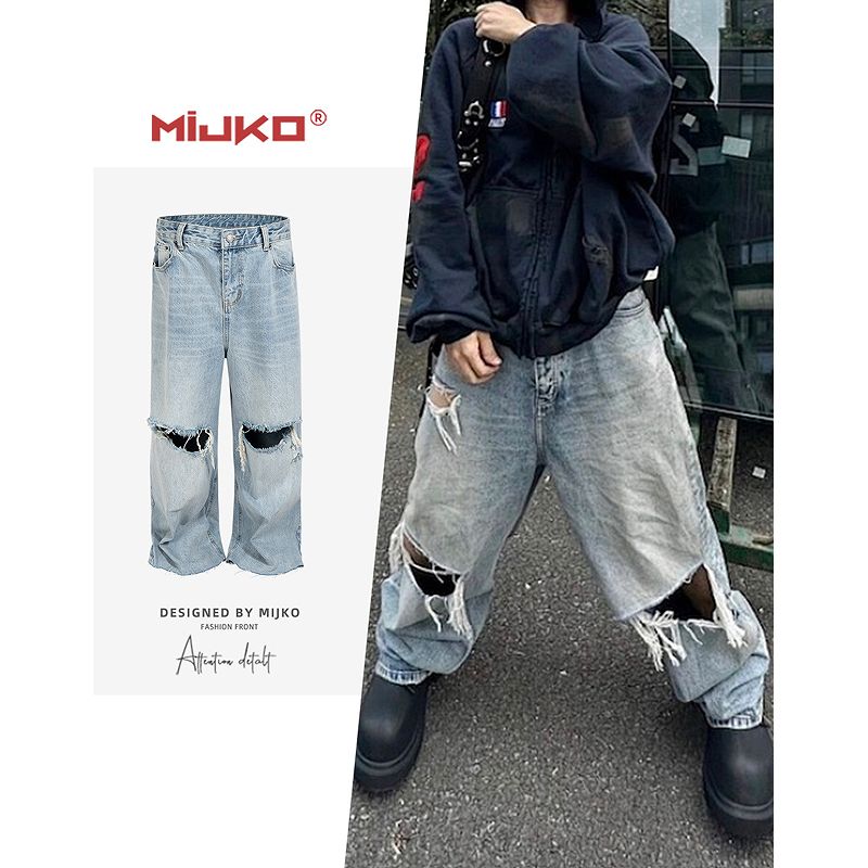 メンズ ダメージ加工 デニム パンツ 男女兼用 ストリート系 ストレート ボトムス 春秋 2026新作★