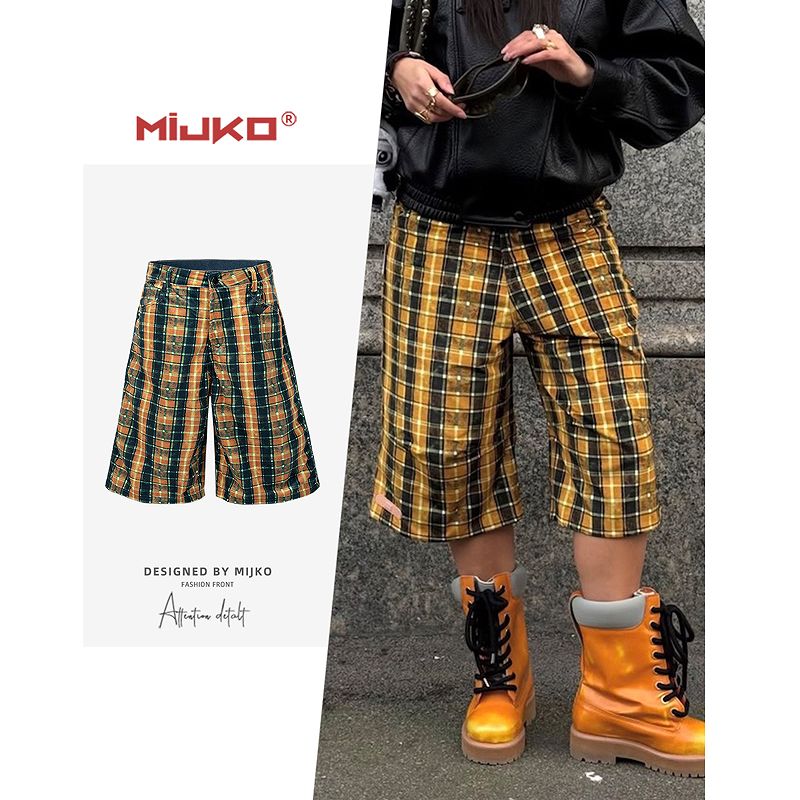 メンズ チェック柄 七分丈 裏地付き デニムパンツ 男女兼用 ストリート系 ボトムス 春夏 2026新作★