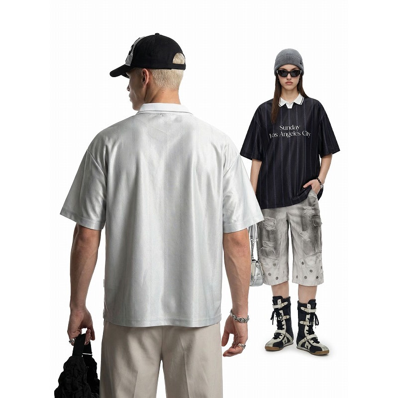 メンズ レトロ調 アセテートストライプ ポロシャツ 春夏新作 配色切替 スポーティー 半袖Tシャツ★全2色