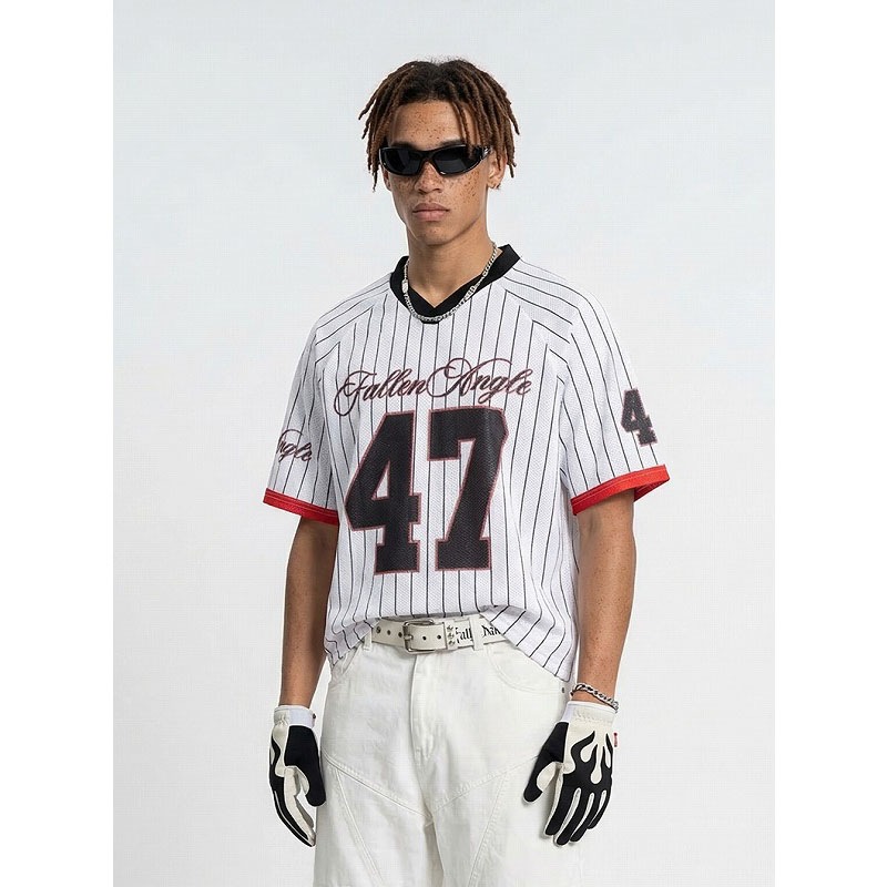 メンズ アメリカンストライプ メッシュスポーツジャージ 春夏 ストリート カジュアル Vネック半袖Tシャツ★