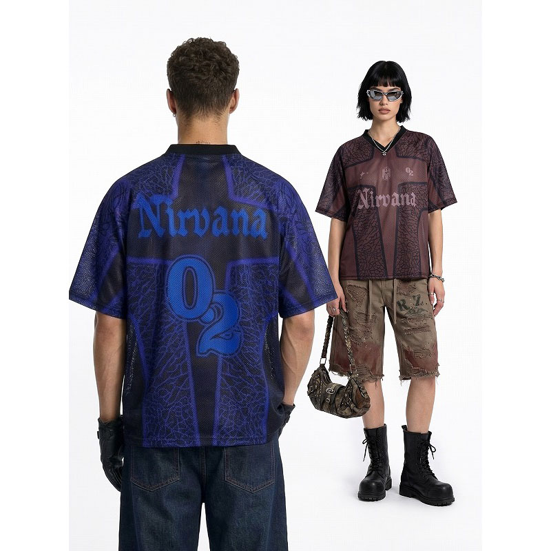 メンズ デジタルプリント メッシュ ベースボールシャツ 夏 スポーツ アウトドア 半袖Tシャツ トップス★