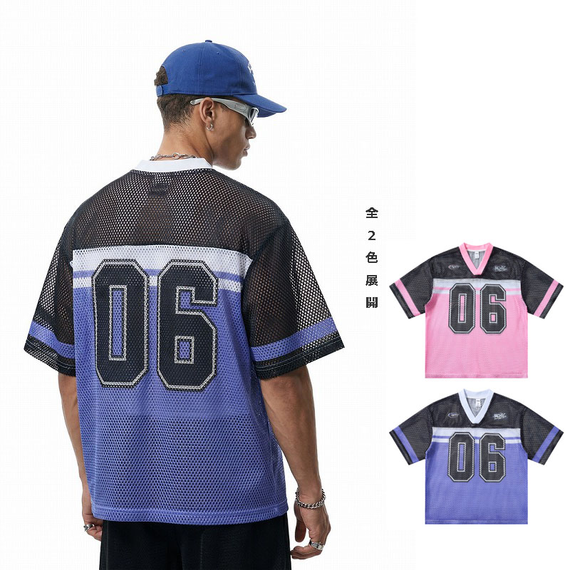 メンズ プリント アメフト風 Vネック 半袖Tシャツ アメカジ ストリート系 夏新作 ユニセックス トップス★