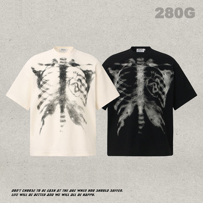 メンズ ヘビーウェイト ワッフル素材 プリント 半袖Tシャツ ヴィンテージ加工 アメカジ風 トップス★全2色
