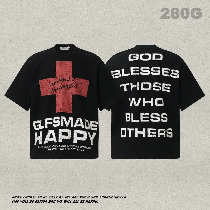 メンズ アメリカンレトロ クロスデザイン ロゴプリント 半袖Tシャツ ワッフル生地 ユニセックス トップス★