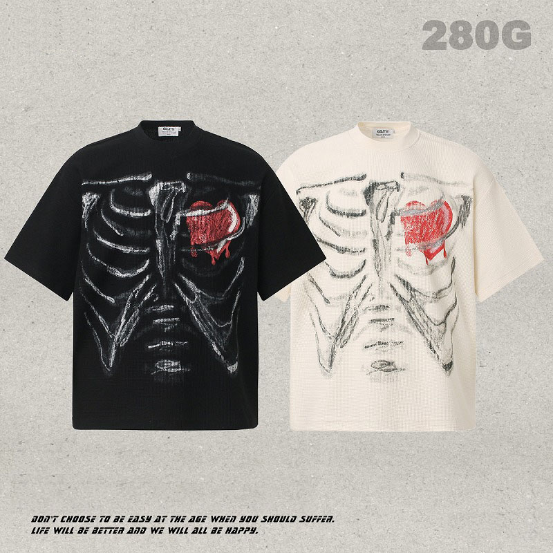 メンズ 新作 ワッフル生地 人体骨格×ハートデザイン 半袖Tシャツ 男女兼用 ユニセックス トップス★全2色