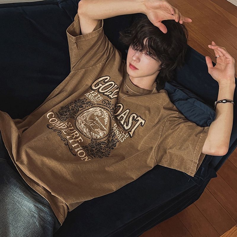 メンズ ビンテージ風 ラウンドネック 半袖 Tシャツ 男女兼用 ストリート系 トップス 夏 2026新作★