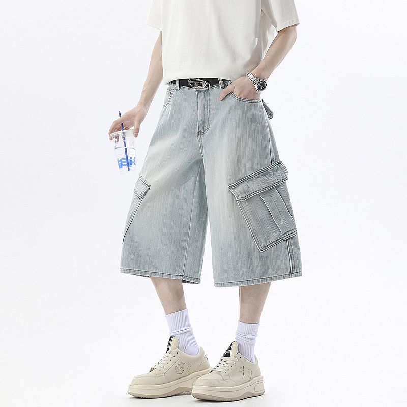 メンズ 無地 七分丈 デニム ショートパンツ 男女兼用 ストリート系 ボトムス 春夏 2026新作★全３色