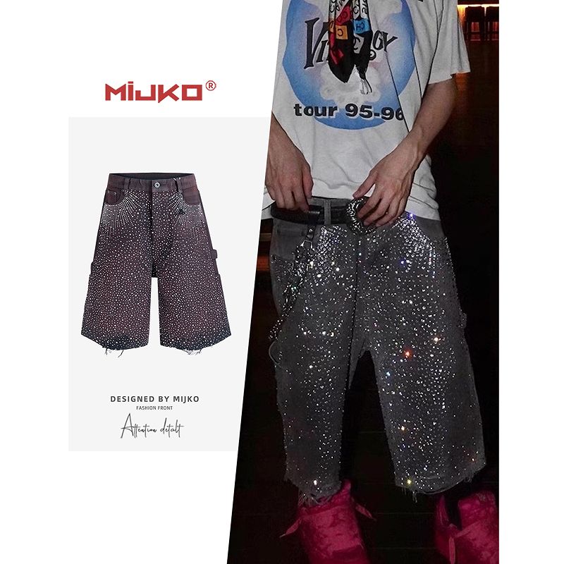レーザー加工 ラインストーン 七分丈 デニムパンツ 男女兼用 裾猫ひげ加工 ボトムス 春夏 2026新作★全2色