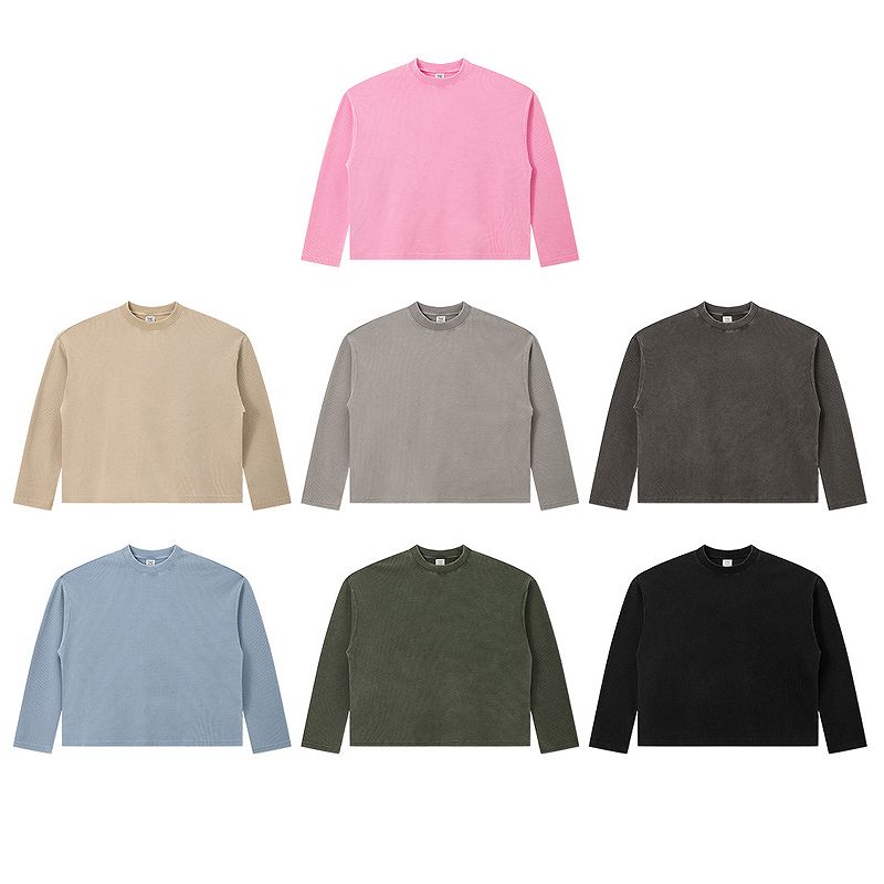 メンズ ワッフル素材 無地 長袖 Tシャツ 男女専用 ボックス シルエット トップス 春秋 2026新作★全7色