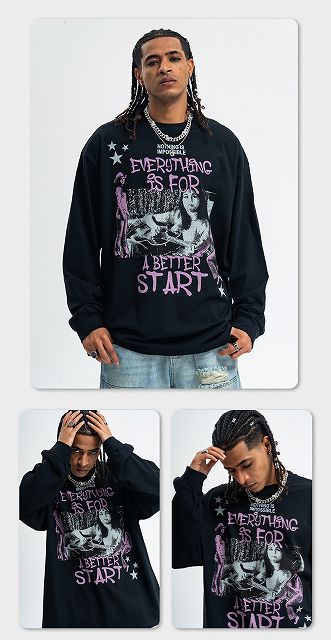 メンズファッション ビンテージ風 長袖Tシャツ 男女兼用 ストリート系