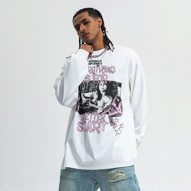 メンズファッション ビンテージ風 長袖Tシャツ 男女兼用 ストリート系