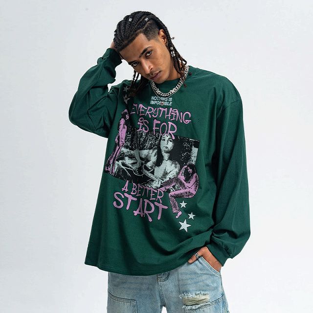 メンズファッション ビンテージ風 長袖Tシャツ 男女兼用 ストリート系